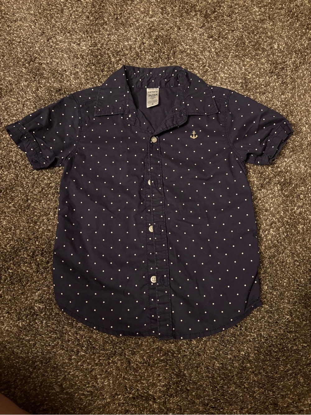 Carter's Navy Blue Short Sleeve Button-Down Shirt with White Polka Dots